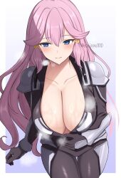  black_bodysuit blue_eyes blush bodysuit breasts cleavage closed_mouth collarbone female hair_between_eyes highres huge_breasts kakumeiki_valvrave long_hair looking_to_the_side outa_nao pink_hair solo steaming_body surippa1010 sweat thighs twitter_username two-tone_background white_background 