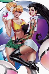  2girls arm_tattoo black_boots black_gloves black_hair blonde_hair blue_eyes boots breasts cosplay crop_top denim denim_shorts elias_chatzoudis eyeshadow fingerless_gloves gloves green_shorts high_heel_boots high_heels highres holding holding_poke_ball jessie_(pokemon) jessie_(pokemon)_(cosplay) kasumi_(pokemon) large_breasts long_hair looking_at_viewer makeup microskirt misty_(pokemon)_(cosplay) multiple_girls nontraditional_poke_ball notti notti_&amp;_nyce nyce poke_ball pokemon purple_eyeshadow red_suspenders short_shorts shorts signature skirt skull_tattoo tank_top tattoo thigh_boots white_skirt yellow_tank_top 