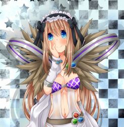  belt black_background black_bow black_hairband blue_eyes blush bow breasts brown_hair checkered_background cleavage closed_mouth commentary_request detached_sleeves dress female frilled_hairband frills fur_collar grey_belt hairband hairbow hand_on_own_cheek hand_on_own_face large_breasts long_hair looking_at_viewer meiko_(nattu303) navel ragnarok_online sleeveless sleeveless_dress smile solo sorcerer_(ragnarok_online) star_(symbol) upper_body white_dress white_sleeves 