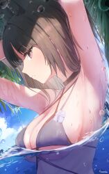  absurdres animal_ear_fluff animal_ears armpits bikini black_choker black_hair blue_archive blue_bikini breasts choker commentary_request criss-cross_halter female halterneck highres kikyou_(blue_archive) kikyou_(swimsuit)_(blue_archive) large_breasts looking_at_viewer official_alternate_costume partially_submerged red_eyes sideboob solo swimsuit tokcha underboob wet 