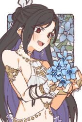  armlet bare_shoulders belly_chain bikini black_hair blue_flower blush border bow brown_eyes choker commentary female final_fantasy final_fantasy_vii final_fantasy_vii_ever_crisis fingerless_gloves floral_background flower gloves hairbow highres holding holding_flower jewelry konbu7733 long_hair navel necklace official_alternate_costume open_mouth outside_border solo stomach swimsuit tifa_lockhart tifa_lockhart_(passion_mermaid) upper_body white_bikini white_border white_bow white_choker white_gloves 