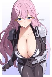  black_bodysuit blue_eyes blush bodysuit breasts cleavage closed_mouth collarbone female hair_between_eyes highres huge_breasts kakumeiki_valvrave long_hair looking_to_the_side outa_nao pink_hair solo steaming_body surippa1010 sweat thighs twitter_username two-tone_background white_background 