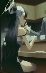  1boy absurdres black_choker black_dress black_hair black_horns blue_archive breasts choker demon_horns dress ear_piercing female grey_halo halo highres horns kayoko_(blue_archive) kayoko_(dress)_(blue_archive) long_hair multicolored_hair official_alternate_costume piercing red_eyes rifu002 sleeveless 