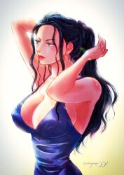  adjusting_hair black_hair blue_dress blue_eyes breasts cleavage closed_mouth commentary dress eyelashes female highres large_breasts narrow_waist nico_robin one_piece oregano551 ponytail sidelocks solo 