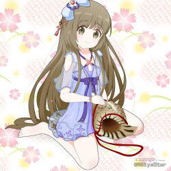  barefoot boots bow breasts brown_eyes brown_hair cleavage cleavage_cutout closed_mouth clothing_cutout commentary_request conch dress female floral_background full_body grey_boots hairbow highres idolmaster idolmaster_cinderella_girls long_hair looking_at_viewer mitya purple_bow purple_dress see-through_clothes see-through_dress short_sleeves sitting small_breasts smile solo twitter_username very_long_hair wariza watermark yorita_yoshino 