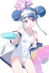  :3 absurdres antenna_hair aqua_hair bare_shoulders blue_archive blue_hair blush breasts collarbone commentary covered_navel cowboy_shot donut_innertube double_bun dual_wielding eyelashes eyes_visible_through_hair female food foreshortening fubuki_(blue_archive) fubuki_(swimsuit)_(blue_archive) furrowed_brow hair_between_eyes hair_bun halo hat_ornament heart heart_hat_ornament highres holding holding_food holding_popsicle holding_swim_ring incoming_food jacket jacket_partially_removed lcz looking_at_viewer medium_hair multicolored_hair official_alternate_costume official_alternate_hairstyle one-piece_swimsuit open_clothes open_jacket open_mouth pink_halo popsicle red_eyes sidelocks simple_background small_breasts smile solo streaked_hair swim_ring swimsuit symbol-only_commentary tsurime visor_cap whistle whistle_around_neck white_background white_jacket white_one-piece_swimsuit 