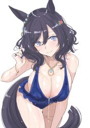  absurdres animal_ears bikini black_hair blue_bikini blue_eyes blue_nails bracelet breasts cleavage eishin_flash_(reines_plaetschern)_(umamusume) eishin_flash_(umamusume) female groin hair_between_eyes hand_up head_tilt highres horse_ears horse_girl horse_tail jewelry ken_(shutenndouji1) large_breasts leaning_forward looking_at_viewer nail_polish navel necklace official_alternate_costume official_alternate_hairstyle short_hair sideboob simple_background skindentation solo stomach sweat swept_bangs swimsuit tail thigh_strap umamusume wet wet_bikini wet_clothes wet_swimsuit 