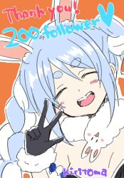  :d ^_^ animal_ear_fluff animal_ears black_gloves black_leotard blue_hair braid breasts brown_background closed_eyes commentary_request detached_sleeves don-chan_(usada_pekora) facing_viewer female fur-trimmed_gloves fur_trim gloves hair_between_eyes hand_up head_tilt highres hololive kiritoma leotard long_hair milestone_celebration multicolored_hair puffy_short_sleeves puffy_sleeves rabbit_ears short_eyebrows short_sleeves simple_background small_breasts smile solo strapless strapless_leotard thank_you thick_eyebrows twin_braids twintails two-tone_hair upper_body usada_pekora usada_pekora_(1st_costume) virtual_youtuber white_hair white_sleeves 