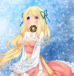  arch_bishop_(ragnarok_online) blonde_hair blue_ribbon blush breasts cleavage cleavage_cutout closed_mouth clothing_cutout commentary_request cowboy_shot cross donut dress female food frilled_sleeves frills hair_ribbon juliet_sleeves long_hair long_sleeves looking_at_viewer medium_breasts meiko_(nattu303) mouth_hold pink_dress puffy_sleeves purple_eyes ragnarok_online ribbon sash sleeves_past_fingers sleeves_past_wrists smile solo star_(symbol) star_symbol_background two-tone_dress very_long_hair white_dress yellow_sash 