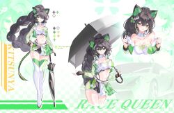  absurdres animal_ears bandeau bare_shoulders black_gloves black_hair black_shorts boots braid breasts cat_ears cat_tail choker cleavage closed_mouth collarbone crop_top cropped_jacket cropped_legs cropped_torso english_commentary female fingerless_gloves full_body gloves green_eyes green_jacket hair_ornament hand_on_own_hip headphones headphones_around_neck highleg highres hiranmayi holding holding_umbrella indie_virtual_youtuber jacket kitsunya_(vtuber) large_breasts long_hair long_sleeves looking_at_viewer midriff multiple_views navel official_art open_clothes open_jacket panty_straps race_queen reference_sheet second-party_source see-through_clothes see-through_jacket see-through_sleeves shorts skort solo stomach strapless tail thigh_boots thighhighs thighs tube_top twin_braids umbrella undressing very_long_hair virtual_youtuber white_bandeau white_choker white_thighhighs 