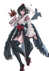  black_hair black_skirt black_thighhighs black_wings closed_mouth commentary female front_slit full_body geta hand_fan hat hauchiwa holding holding_fan japanese_clothes kimono kourindou_tengu_costume long_skirt long_sleeves no_panties obi pointy_ears pom_pom_(clothes) red_eyes red_hat red_sandals red_sash sandals sash shameimaru_aya short_hair simple_background skirt smile solo symbol-only_commentary tengu-geta thighhighs tokin_hat touhou vanilla_flan white_background white_kimono wide_sleeves wings 