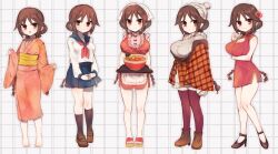  alternate_costume apron arm_under_breasts barefoot beanie blue_sailor_collar blue_skirt boots bowl braid breasts brown_boots brown_eyes brown_hair brown_shoes brown_socks china_dress chinese_clothes cleavage cleavage_cutout closed_mouth clothing_cutout coat commentary_request dress female flower food_request grey_hat grey_sweater hair_flower hair_ornament hat high_heels highres holding holding_tray japanese_clothes kimono kneehighs large_breasts loafers long_hair long_sleeves looking_at_viewer maid maid_apron multiple_views neckerchief obi open_mouth orange_coat orange_kimono plaid_clothes plaid_coat pleated_skirt red_dress red_flower red_neckerchief red_thighhighs ryoukenle sailor_collar sandals sash school_uniform serafuku shirt shoes short_dress skirt sleeveless smile socks sweater tachibana_yuzuki taishou_otome_otogibanashi thighhighs tray waist_apron white_apron white_shirt winter_clothes yellow_sash 