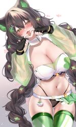  absurdres acedia animal_ears ass_visible_through_thighs belt black_gloves black_hair black_panties blush braid breasts cat_ears checkered_clothes checkered_hair_ornament choker cleavage clover cowboy_shot crop_top drooling english_commentary fangs female finger_to_tongue fingerless_gloves four-leaf_clover gloves green_eyes green_thighhighs hair_ornament hairclip hands_up highleg highleg_panties highres indie_virtual_youtuber kitsunya_(vtuber) large_breasts long_hair long_sleeves looking_at_viewer naughty_face navel no_pants nose_blush open_mouth panties puffy_long_sleeves puffy_sleeves race_queen second-party_source see-through_clothes see-through_sleeves shirt simple_background skindentation smile solo stomach string_panties symbol-shaped_pupils thighhighs tongue tongue_out twin_braids twintails underwear very_long_hair virtual_youtuber white_background white_choker white_shirt 