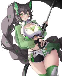 :3 animal_ears belt black_gloves black_hair black_shorts braid breasts cat_ears checkered_clothes checkered_hair_ornament choker cleavage closed_mouth clover cowboy_shot crop_top cropped_jacket female fingerless_gloves four-leaf_clover gloves green_eyes green_jacket hair_ornament hairclip headphones headphones_around_neck highleg highres holding holding_umbrella indie_virtual_youtuber jacket kitsunya_(vtuber) large_breasts long_hair long_sleeves looking_at_viewer midriff navel open_clothes open_jacket panty_straps puffy_long_sleeves puffy_sleeves race_queen second-party_source see-through_clothes see-through_jacket see-through_sleeves shirt shorts skort smile solo stomach sweet_bunnydr thighhighs thighs twin_braids twintails umbrella very_long_hair virtual_youtuber white_choker white_shirt 