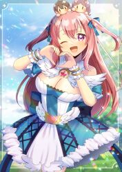  ;d blue_bow blue_dress blue_sky bow breasts character_request cleavage cloud commentary_request commission day dress female hair_between_eyes hands_up heart heart_hands kou_hiyoyo long_hair looking_at_viewer medium_breasts on_head one_eye_closed pink_hair purple_eyes ragnarok_online skeb_commission sky smile strapless strapless_dress tree two_side_up very_long_hair wrist_cuffs 