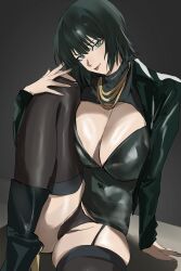  absurdres black_hair black_panties black_thighhighs bob_cut boots breasts cleavage female fubuki_(one-punch_man) green_eyes green_hair high_heel_boots high_heels highleg highleg_panties highres large_breasts leg_up long_sleeves looking_at_viewer nail_polish navel one-punch_man open_mouth panties pink_nails ribbed_sweater short_hair simple_background smile solo sweater taiyang_yu thighhighs thighs turtleneck turtleneck_sweater underwear 