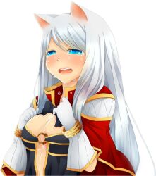  animal_ears black_bow black_bowtie black_dress blue_eyes blush bow bowtie breasts cape cat_ears cat_girl cleavage commentary_request creator_(ragnarok_online) crying crying_with_eyes_open dress female gloves large_breasts long_hair looking_at_viewer meiko_(nattu303) o-ring o-ring_top open_mouth ragnarok_online red_cape simple_background smile solo tears upper_body white_background white_gloves white_hair 