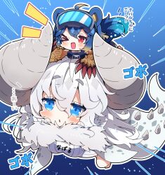  &gt;_o 2girls :&lt; absurdres ahoge arzuros blue_hair blue_one-piece_swimsuit blush breasts brown_hair ceadeus chibi commentary_request day goggles goggles_on_head gradient_hair grey_hair hair_between_eyes highres horns large_breasts milkpanda monster_hunter_(series) multicolored_hair multiple_girls notice_lines one-piece_swimsuit one_eye_closed outdoors outline parted_lips personification red_eyes short_eyebrows swimsuit tail thick_eyebrows translation_request triangle_mouth underwater water white_one-piece_swimsuit white_outline 