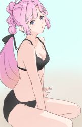  alternate_costume anyoji_hime bare_shoulders bikini black_bikini blonde_hair blue_background blue_eyes blunt_sidelocks breasts brown_background cleavage female gradient_background gradient_hair hair_intakes highres link!_like!_love_live! long_hair looking_at_viewer love_live! medium_breasts multi-tied_hair multicolored_hair parted_lips pink_hair ponytail potu_sabu sidelocks sitting solo swimsuit very_long_hair virtual_youtuber 