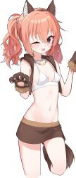  ;d absurdres animal_ear_fluff animal_ear_hairband animal_ears animal_hands bare_shoulders blush boots bra breasts brown_boots brown_hairband brown_skirt brown_vest chain_necklace chains collarbone commentary covered_nipples cowboy_shot fake_animal_ears fake_tail female fur-trimmed_gloves fur_trim gloves groin hair_between_eyes hairband halloween_costume hands_up happy highres inaba_meguru jewelry lcz long_hair looking_at_viewer miniskirt navel necklace official_alternate_costume official_alternate_hairstyle one_eye_closed open_clothes open_mouth open_vest orange_hair paw_gloves red_eyes sanoba_witch sidelocks skirt small_breasts smile solo standing standing_on_one_leg stomach symbol-only_commentary tail twintails underwear vest w_arms wavy_hair werewolf_costume white_bra wolf_ears wolf_tail 