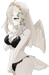  absurdres beak bird_girl bird_tail black_bra black_panties bra braid breasts bright_pupils cowboy_shot cross-shaped_pupils enamika feathered_wings female flower from_side furry furry_female gold_hairband grey_eyes hair_between_eyes hair_flower hair_ornament hairband half_up_braid highres lace-trimmed_bra lace-trimmed_panties lace_trim large_breasts long_hair long_sidelocks open_mouth original panties sidelocks simple_background solo symbol-shaped_pupils tail underwear underwear_only white_background white_fur white_hair white_pupils white_wings wings 