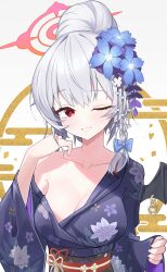  ;d absurdres black_kimono black_sash blue_archive blue_bow blue_flower blush bow braid breasts cherry_blossom_print chinese_commentary cleavage collarbone commentary_request english_commentary eyelashes female floral_print floral_print_kimono flower grey_hair grin hair_between_eyes hair_bun hair_flower hair_ornament hairbow halo hand_up haruna_(blue_archive) haruna_(new_year)_(blue_archive) highres japanese_clothes kanzashi kimono large_breasts lcz long_sleeves looking_at_viewer medium_hair mixed-language_commentary nengajou new_year no_bra official_alternate_costume official_alternate_hairstyle one_eye_closed print_kimono red_eyes red_halo sash simple_background single_bare_shoulder single_braid single_hair_bun smile solo tsurime upper_body white_background white_flower wide_sleeves x_hair_ornament 