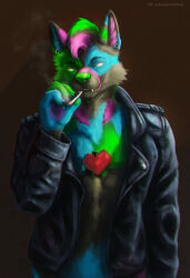  alternate_version_at_source anthro black_clothing black_jacket black_topwear blue_body blue_fur canid canine cheek_tuft cigarette clothed clothing empty_eyes facial_tuft fangs front_view fur green_body green_fur green_hair green_nose grey_body grey_fur grey_hair hair half-length_portrait hi_res jacket male male_anthro mammal multicolored_hair open_clothing open_jacket open_topwear pink_hair portrait satanic_monkey smile smoking smoking_cigarette solo standing teeth topwear tuft 