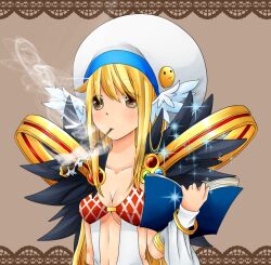  argyle_clothes argyle_dress bangle blonde_hair blush book bracelet breasts brown_background brown_eyes cleavage closed_mouth commentary_request detached_sleeves dress expressionless feathered_wings female hat head_wings holding holding_book jewelry kiseru long_hair looking_at_viewer medium_breasts meiko_(nattu303) open_book ragnarok_online sleeveless sleeveless_dress smoking smoking_pipe solo sorcerer_(ragnarok_online) tam_(ragnarok_online) upper_body white_dress white_hat white_sleeves white_wings wings 