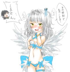  1boy bikini black_hair blue_bikini blue_flower blush breasts chibi chibi_inset commentary_request cowboy_shot feather_trim feathered_wings female flower grey_hair hair_flower hair_intakes hair_ornament hair_tie hand_on_own_cheek hand_on_own_face long_hair meiko_(nattu303) mismatched_bikini open_mouth ragnarok_online simple_background small_breasts smile solo_focus sorcerer_(ragnarok_online) swimsuit teeth thigh_strap translation_request upper_teeth_only wanderer_(ragnarok_online) white_background white_bikini white_wings wings yellow_eyes 
