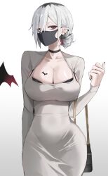  absurdres arm_behind_back bag bat_tattoo black_bra black_choker black_hair black_mask bra bra_peek breast_tattoo breasts channyy19 choker cleavage commentary covered_mouth cowboy_shot cross cross_earrings demon_wings detached_wings dongtan_dress double-parted_bangs dress ear_chain ear_piercing earrings female grey_dress grey_hair hair_between_eyes hair_bun hands_up highres jewelry large_breasts linked_piercing long_sleeves looking_at_viewer mask mole mole_on_breast mole_under_eye mouth_mask multicolored_hair original piercing pointy_ears red_eyes riko_(channyy19) roots_(hair) shoulder_bag shrug_(clothing) simple_background single_hair_bun single_wing solo standing tattoo taut_clothes taut_dress tight_clothes tight_dress underwear white_background wings 