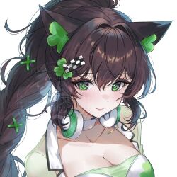  animal_ears bandeau braid breasts brown_hair cat_ears checkered_hair_ornament choker cleavage closed_mouth clover collarbone ella_7737 english_commentary female four-leaf_clover green_eyes hair_ornament hairclip headphones headphones_around_neck highres indie_virtual_youtuber jacket kitsunya_(vtuber) large_breasts long_hair looking_at_viewer open_clothes open_jacket ponytail race_queen second-party_source see-through_clothes see-through_jacket simple_background smile solo upper_body virtual_youtuber white_background white_choker 