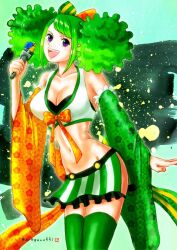  ann_(one_piece) breasts cleavage commentary_request cowboy_shot den_den_mushi detached_sleeves double_bun female freckles green_sleeves green_thighhighs hair_bun highres holding holding_microphone looking_at_viewer microphone narrow_waist one_piece one_piece:_stampede open_mouth orange_sleeves oregano551 purple_eyes sidelocks skirt smile solo swept_bangs teeth thighhighs upper_teeth_only 