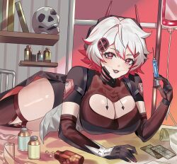  absurdres black_lips breasts cleavage commission elbow_gloves gloves hair_ornament hairpin headgear highres holding holding_syringe large_breasts multicolored_hair pill_bottle red_eyes red_hair second-party_source sinthya_sanguine skeb_commission skull smile streaked_hair symbol-shaped_pupils syringe thighhighs thighs v84014729 vallure virtual_youtuber white_hair 