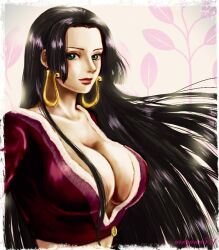  black_hair blue_eyes boa_hancock breasts cleavage closed_mouth commentary_request crop_top earrings eyelashes female floating_hair jewelry long_hair long_sleeves looking_at_viewer one_piece oregano551 plunging_neckline red_lips sidelocks snake_earrings solo twitter_username upper_body 