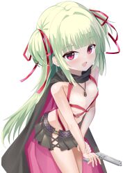  :d absurdres ayachi_nene ayachi_nene_(cosplay) backlighting belt belt_bra black_cape black_skirt blunt_bangs blunt_ends blush breasts cape commentary company_connection cosplay cowboy_shot female fingernails green_hair gun hair_intakes hair_ribbon handgun happy highres hime_cut hip_vent holding holding_gun holding_weapon jewelry long_hair looking_at_viewer mamiya_yuki miniskirt murasame_(senren) necklace open_mouth pink_cape pleated_skirt red_belt red_eyes red_ribbon ribbon sanoba_witch senren_banka side_slit sidelocks simple_background skirt small_breasts smile solo straight_hair two-sided_cape two-sided_fabric two-tone_cape two_side_up v_arms very_long_hair weapon white_background yuzu-soft 