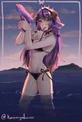  absurdres bare_shoulders beach bikini black_bikini black_bow black_choker black_hair blush bow choker cloud collarbone fangs female hair_ornament hairbow hairclip highres holding holding_water_gun horns indie_virtual_youtuber kuromiya_lucien long_hair monocle multicolored_hair navel outdoors piercing pink_hair popopoka smile solo stomach swimsuit tongue_piercing wading water_gun 