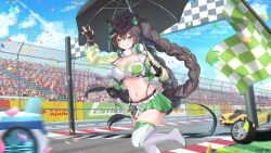  absurdres animal_ears arm_up bandeau belt black_gloves black_hair boots braid breasts car cat_ears checkered_flag checkered_hair_ornament choker cleavage commission confetti crop_top cropped_jacket crowd day english_commentary female fingerless_gloves finish_line flag gloves green_eyes green_jacket green_skirt grin hair_ornament hairclip headphones headphones_around_neck high_heel_boots high_heels highleg highres holding holding_flag holding_umbrella indie_virtual_youtuber jacket kitsunya_(vtuber) konyanart large_breasts leg_up long_hair long_sleeves looking_at_viewer midriff miniskirt motion_blur motor_vehicle navel outdoors panty_straps pleated_skirt race_queen race_vehicle racecar second-party_source see-through_clothes see-through_sleeves skirt smile solo stomach strapless thigh_boots thighhighs tube_top twin_braids twintails umbrella very_long_hair virtual_youtuber white_bandeau white_boots white_choker white_thighhighs wide_shot zettai_ryouiki 