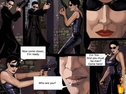  1boy 1boy1girl 1girls carrie_anne_moss celebrity comic famous_comics gun human human_only keanu_reeves neo_(the_matrix) sunglasses the_matrix thomas_a_anderson trinity_(the_matrix) weapon 