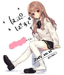  black_footwear black_skirt black_thighhighs blush brown_hair closed_mouth commentary dated female light_smile loafers long_hair long_sleeves looking_at_viewer morino_ichigo onegai_teacher pleated_skirt red_eyes rimo school_uniform shadow shoes simple_background single_shoe sitting skirt smile solo sweater thighhighs twitter_username unworn_shoes wavy_hair white_background white_thighhighs 