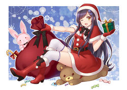  belt black_bow black_hair black_ribbon blush boots bow candy candy_cane china_railway_girl commentary_request female food fur-trimmed_boots fur_trim gift hair_ornament hairclip hat high_heel_boots high_heels holding holding_gift knee_boots long_hair looking_at_viewer one_eye_closed open_mouth original photoshop_(medium) red_bow red_footwear red_ribbon ribbon saionji_rin_(crh380b) santa_boots santa_costume santa_hat sitting smile solo star_(symbol) star_hair_ornament stuffed_animal stuffed_toy teddy_bear yellow_eyes yellow_ribbon yezhi_na 