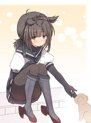  bad_id bad_pixiv_id black_hair brown_eyes canine feeding female gloves hair_flaps hairband hatsuzuki_(kancolle) jakey kantai_collection pantyhose puppy school_uniform serafuku short_hair sitting skirt solo 