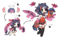  bat_(animal) belt black_thighhighs blue_hair chained_wrists chains claws commentary_request creature cropped_legs cuffs dress egg evolution eyepatch female green_eyes handcuffs hatching hayasaka_mirei highres horns idolmaster idolmaster_cinderella_girls level_up multicolored_hair multiple_views oerba_yun_fang partial_commentary pink_dress red_dress scar scar_across_eye scar_on_face simple_background slime_(substance) spawnfoxy spiked_belt streaked_hair studded_belt thighhighs translated white_background wings zettai_ryouiki zipper_pull_tab 