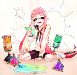  bike_shorts blush burst_bomb_(splatoon) closed_eyes commentary_request fangs female hair_ornament hairclip inkling inkling_girl inkling_player_character komesukeee long_hair long_sleeves paint pink_hair sailor_collar sailor_shirt seeker_(splatoon) shirt shoes sitting smile sneakers solo splat_bomb_(splatoon) splatoon_(series) splatoon_1 splatoon_2 splatter suction_bomb_(splatoon) suction_cups tentacle_hair water_balloon 