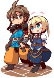  +++ 1boy :d ahoge arm_behind_back belt belt_buckle black_footwear black_gloves blonde_hair blue_eyes blue_skirt blue_vest blush boots braid brown_belt brown_eyes brown_footwear brown_hair buckle chibi closed_mouth commentary_request elbow_gloves eye_contact female fingerless_gloves frederica_irving gloves hair_between_eyes hand_up head_tilt highlander_(sekaiju) index_finger_raised knee_boots long_hair looking_at_another low_twintails naga_u open_mouth orange_pants pants plaid puffy_pants puffy_short_sleeves puffy_sleeves sekaiju_no_meikyuu shin_sekaiju_no_meikyuu shirt short_sleeves side_braids skirt smile twin_braids twintails unmoving_pattern vest walking white_background white_shirt 