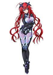  ahoge alternate_hairstyle blue_eyes bodysuit breasts cosplay female full_body hair_between_eyes high_school_dxd huge_ahoge large_breasts long_hair looking_at_viewer neptune_(series) next_purple next_purple_(cosplay) official_art open_mouth purple_heart_(neptunia) red_hair rias_gremory shin_jigen_game_neptune_vii simple_background solo thigh_gap very_long_hair white_background 