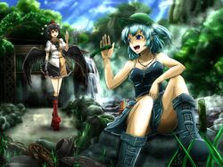  2girls allen_wrench alternate_costume bare_arms bare_shoulders black_hair blue_eyes blue_hair blue_sky boots brown_eyes chimney cloud collarbone commentary_request cucumber day foreshortening futagojima geta hand_up hat kawashiro_nitori key knee_up looking_at_another looking_back multiple_girls open_mouth outdoors shameimaru_aya short_hair sitting skirt sky smoke tank_top teeth tengu-geta tokin_hat tool_belt touhou tree two_side_up water_wheel wrench 