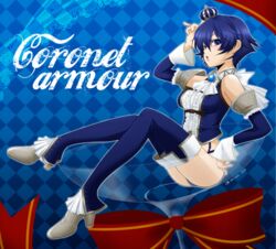  alternate_costume ass blue_eyes blue_hair commentary_request crown cup detached_sleeves drinking_glass female hand_on_headwear hand_on_own_hip high-cut_armor_(persona) high_heels ichigou_miya mini_crown persona persona_4 shirogane_naoto short_hair solo thighhighs wine_glass 