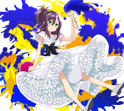  abe_kanari alternate_costume commentary_request dress earrings female frilled_dress frills full_body green_eyes high_school_fleet hoop_earrings jewelry katsuta_satoko long_hair looking_at_viewer multicolored_background off-shoulder_dress off_shoulder paintbrush photoshop_(medium) ponytail purple_hair smile solo white_dress white_footwear 