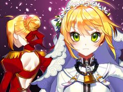  2girls ahoge blonde_hair chains commentary dual_persona epaulettes fate/extra fate/extra_ccc fate_(series) flower green_eyes hair_bun lock multiple_girls nero_claudius_(bride)_(fate) nero_claudius_(fate) nero_claudius_(fate/extra) nishita padlock single_hair_bun symbol-only_commentary veil 