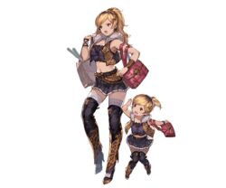  2girls bag blonde_hair boots bracelet breasts brown_eyes brown_hair cleavage earrings food full_body fur_trim granblue_fantasy hair_ornament hairclip high_heel_boots high_heels jewelry large_breasts long_hair midriff minaba_hideo miniskirt mother_and_daughter multicolored_hair multiple_girls navel nene_(granblue_fantasy) official_art ponytail skirt thighhighs transparent_background two-tone_hair yae_(granblue_fantasy) 